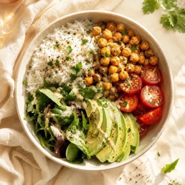 A vibrant high-protein grain bowl